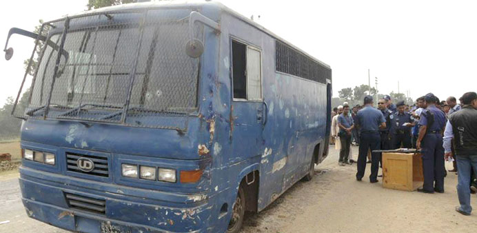 A police prison van is seen after an attack by gunmen in Mymensingh yesterday.
