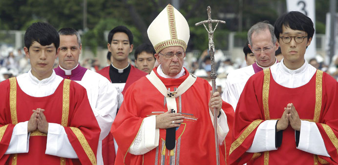 Pope Francis attends the Holy Mass for the Beatification of Paul Yun Ji-Chung and 123 martyr companions in Seoul.