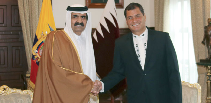 HH the Emir Sheikh Hamad bin Khalifa al-Thani with Ecuadorian President Rafael Correa at Carondelet Palace in Quito yesterday.