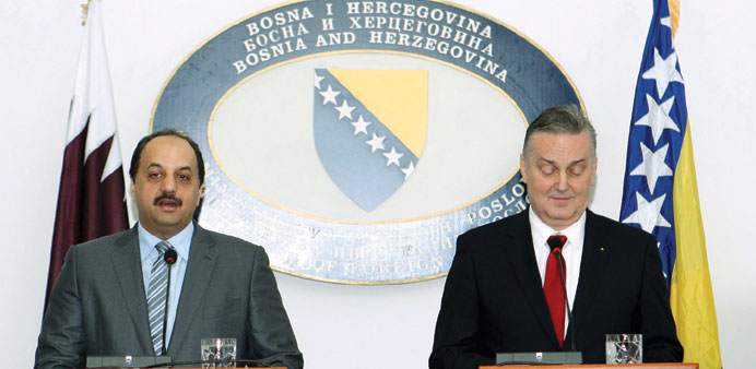 HE al-Attiyah and Bosnia and Herzegovina Foreign Minister Zlatko Lagumdzija addressing a joint press conference.