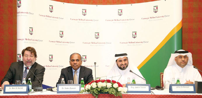 Three CMUQ alumni share the dais at the press conference yesterday.  PICTURES: Jayaram