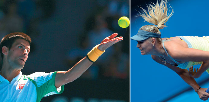 Novak Djokovic of Serbia and Russiau2019s Maria Sharapova serves during their singles match on the first day of the Australian Open in Melbourne yesterday
