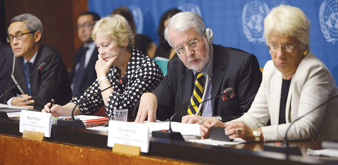 Members of the Commission of Inquiry on the Syrian Arab Republic (from left) Vitit Muntarbhorn, Karen Abuzayd, Paulo Pinheiro (chairman) and Carla del