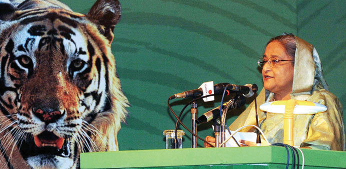 Sheikh Hasina speaking during the Second Stocktaking Conference under a Global Tiger Recovery Programme (GTRP) in Dhaka yesterday.
