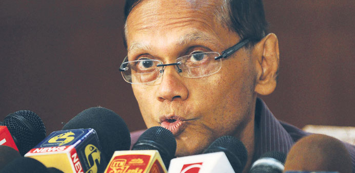 Lankan Foreign Minister G L Peiris during a press conference in Hambantota after the UN Rights Council adopted the resolution.