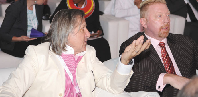 Former world no. 1 tennis players Romaniau2019s Ilie Nastase (left) and Germanyu2019s Boris Becker in conversation at the launch of Doha GOALS forum at Aspire