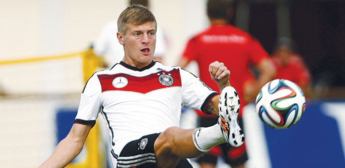 Germanyu2019s Toni Kroos kicks a ball during a training session north of Porto Seguro on Thursday. (Reuters)