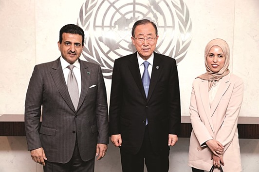 Dr Ali bin Fetais al-Marri, left, along with Ban Ki-moon and Sheikha Alia Ahmed bin Saif al-Thani at UN office in New York.