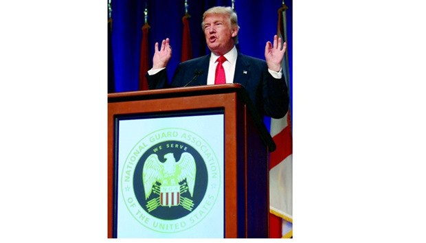 Republican presidential nominee Donald Trump addressing the National Guard Association of the United Statesu2019 138th general conference & exhibition in Baltimore, Maryland, yesterday.
