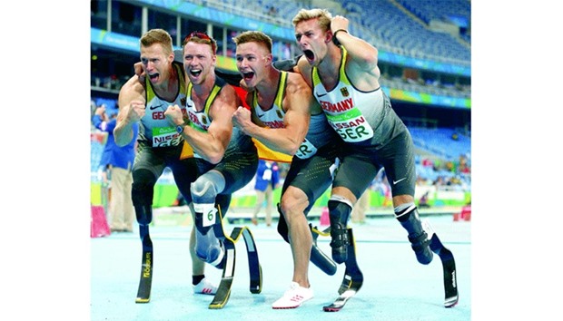 Germanyu2019s (from left) Markus Rehm, David Behre, Felix Streng and Johannes Floors celebrate after winning gold in the menu2019s 4x100m - T42-47 at the 2016 Rio Paralympics in Rio de Janeiro on Monday. (Reuters)