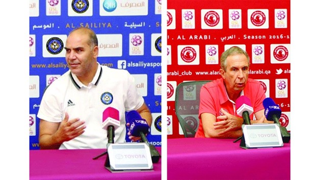 Al Sailiya head coach Sami Trabelsi (left) and his Al Arabi counterpart Gerardo Pelusso.