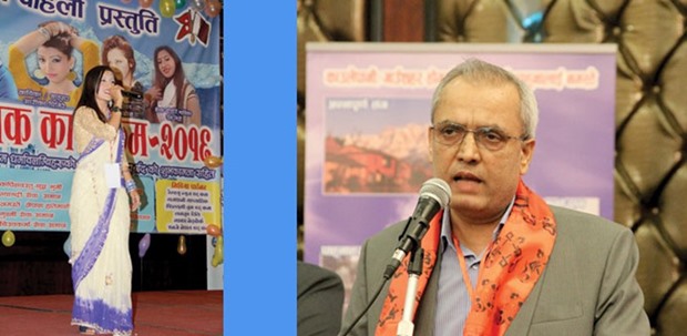 Uma Giri performed two Teej songs in what was her first performance in Qatar. Right: SPEECH: Hari Prasad Aryal, second secretary at the embassy of Nepal, giving a speech at the beginning of the programme.