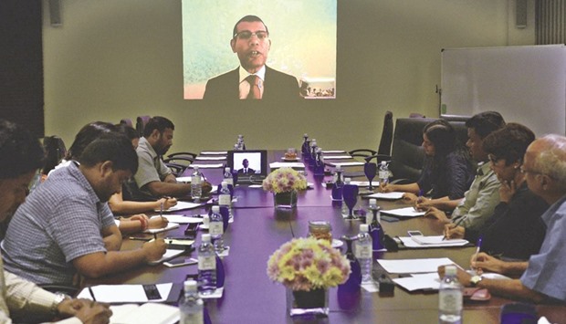 Exiled Maldives opposition leader, Mohamed Nasheed, addresses Sri Lanka-based foreign correspondents via video link, in Colombo on Tuesday.