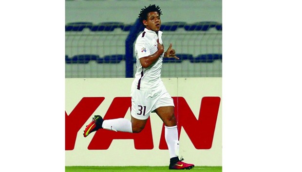 El Jaishu2019s Romarinho Ricardo celebrates after scoring a goal against Al Nasr in Dubai yesterday. (AFP)