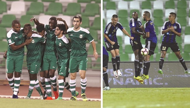 Al Ahli players celebrate one of their goals against Al Gharafa, while at right, Al Sailiya defend against Al Arabi on the opening day of the Qatar Stars League yesterday. PICTURES: Noushad Thekkayil