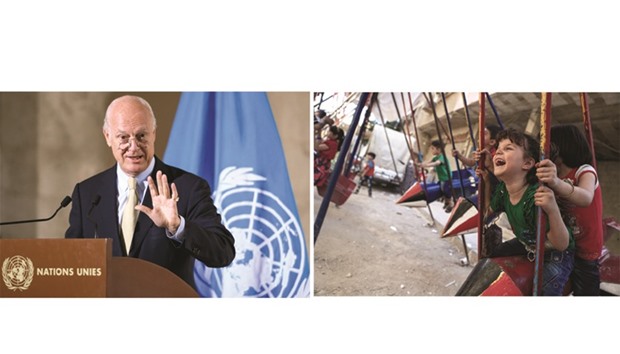 UN envoy de Mistura gestures during a press briefing following a meeting on Syria at the UN Offices in Geneva.   Children play on swings, made from the remnants of exploded rockets in the rebel-held town of Douma, on the eastern edges of the capital Damascus. The United Nations has urged Syriau2019s government to allow immediate aid deliveries to hunger-stricken civilians after a fragile ceasefire was extended for 48 hours by Russia and the United States.