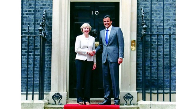 HH the Emir Sheikh Tamim bin Hamad al-Thani meets UK Prime Minister Theresa May at No 10 Downing Street in London.
