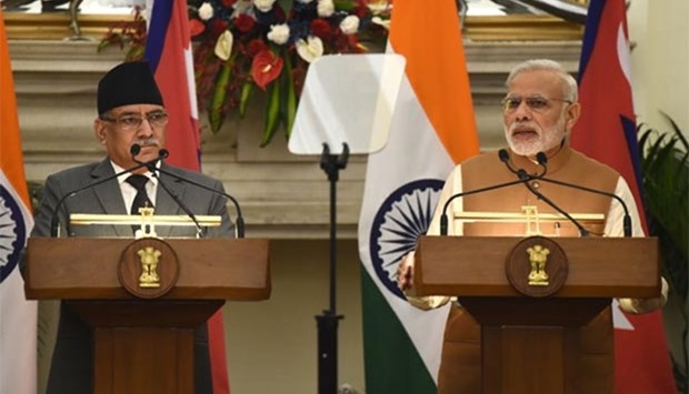 Indian Prime Minister Narendra Modi speaks during a joint press conference with Nepalese Prime Minister Pushpa Kamal Dahal following a meeting in New Delhi on Friday.