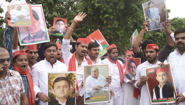 Supporters of Chief Minister Akhilesh Yadav protest outside the Samajwadi Party office in Lucknow yesterday.