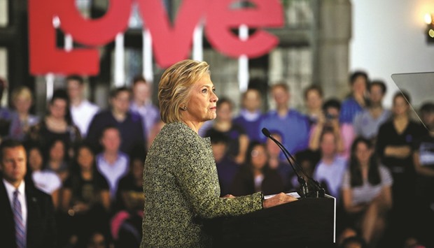 Hillary Clinton speaks during a campaign event at Temple University in Philadelphia, Pennsylvania, yesterday.