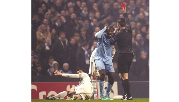 File picture of Manchester Cityu2019s Yaya Toure (C) being sent off during the UEFA Champions League match against CSKA Moscow.