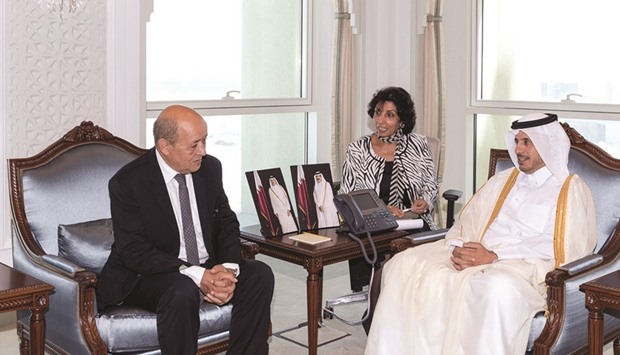 HE the Prime Minister and Minister of Interior Sheikh Abdullah bin Nasser bin Khalifa al-Thani during a meeting with French Defence Minister Jean-Yves Le Drian.