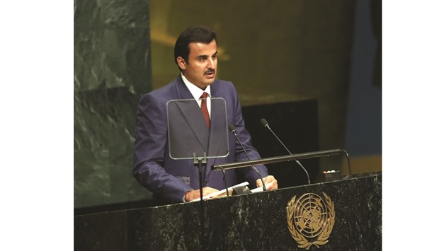 HH the Emir Sheikh Tamim bin Hamad al-Thani addressing the 71st  session of the UN General Assembly in New York yesterday.