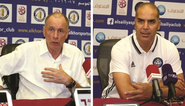 Al Khor coach Jean Fernandez (L) and Sailiya coach Sami Trabelsi.