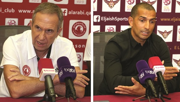 Al Arabi coach Gerardo Pelusso (L) and El Jaish coach Sabri Lamouchi during the pre-match press conferences. PIC: Anas Khalid