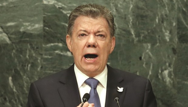 President Juan Manuel Santos Calderon of Colombia addresses the 71st United Nations General Assembly in Manhattan, New York, yesterday.