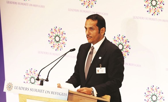 HE the Foreign Minister Sheikh Mohamed bin Abdulrahman al-Thani speaks at the summit on refugees.