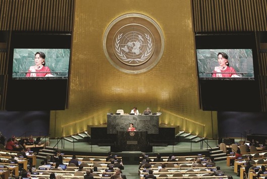 Suu Kyi addressing the 71st United Nations General Assembly in Manhattan.