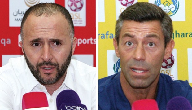 Lekhwiya coach Djemal Belmadi (left) and Al Gharafa coach Pedro Caixinha speak at a press conference on Thursday. PICTURES: Nasar TK