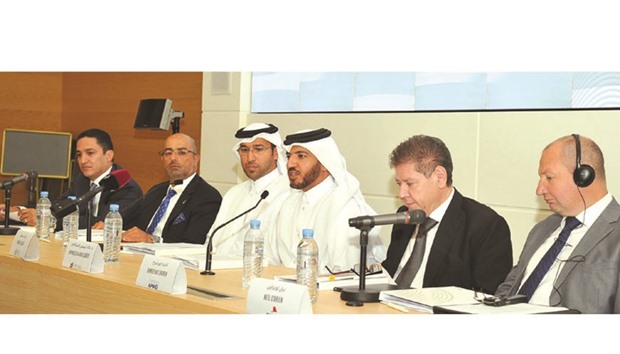 Officials of QU-CBE, QFC, Deloitte, Ernst & Young, KPMG and PricewaterhouseCoopers  at a press conference  at Qatar University to announce a collaboration.