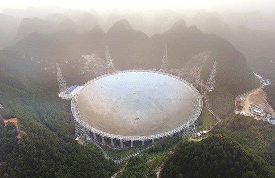 The Five-hundred-metre Aperture Spherical Radio telescope (FAST) is seen on its first day of operation in Pingtang, in southwestern Chinau2019s Guizhou province.