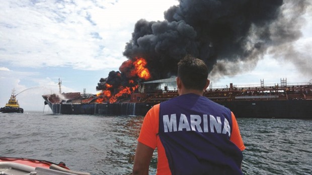 A fire rages on a tanker belonging to Mexican state oil company Pemex.