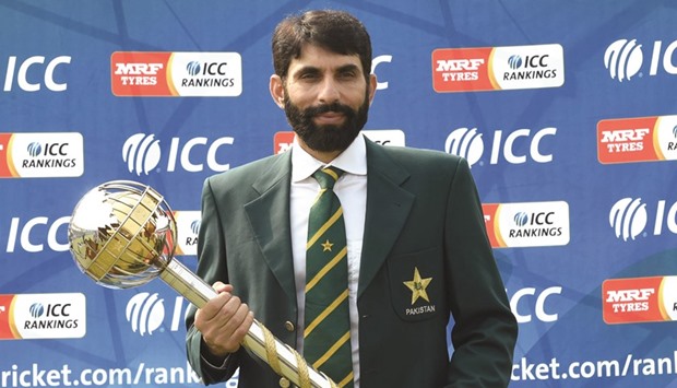 MACE FOR THE ACE: Pakistanu2019s captain Misbah-ul-Haq with the ICC mace in recognition of the countryu2019s rise as the worldu2019s top team.