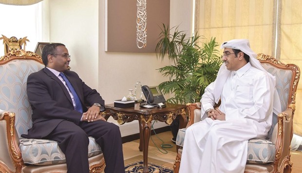 Dr Ali bin Smaikh al-Marri during a meeting with Dr Obaid Ahmed al-Obaid in Doha yesterday.