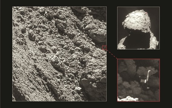 This handout file photo released on September 5 by the European Space Agency shows images of the landing craft Philae, viewed for the first time since its crash landing, taken by ORIS narrow-angle camera. European spacecraft Rosetta will end its mission on September 30 after travelling almost7bn kilometres to probe the secrets of comets, with help from a high-tech robot named Philae.