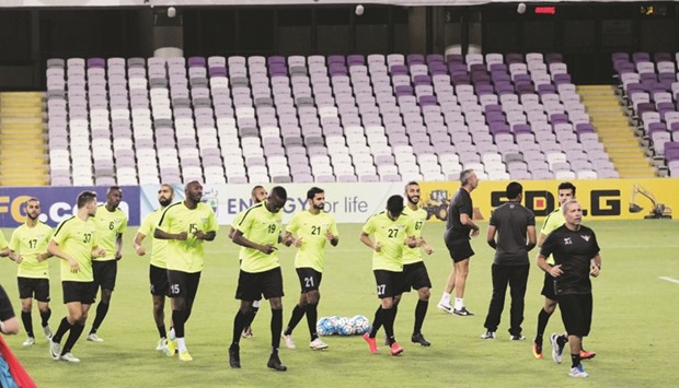 El Jaish team during their practice session at Hazza Bin Zayed Stadium in Al Ain yesterday ahead of the first leg of their AFC Champions semi-final tie.