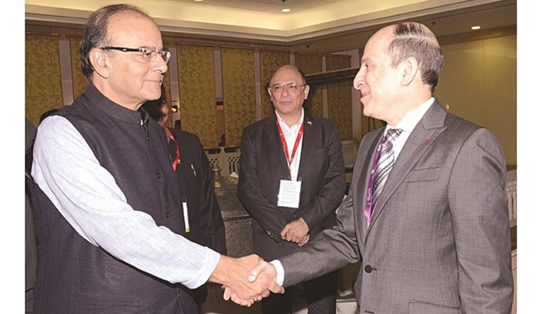 Al-Baker (right) greets Jaitley in New Delhi recently.