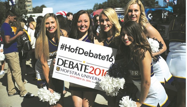 Cheerleaders before the first presidential debate at the Hofstra University, in Hempstead, New York, yesterday.