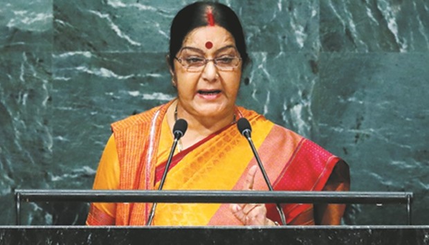 External Affair Minister Sushma Swaraj addresses the United Nations General Assembly yesterday.
