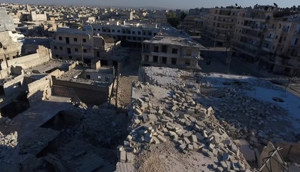 A still image taken today from a drone footage obtained by Reuters shows damaged buildings in a rebel-held area of Aleppo, Syria
