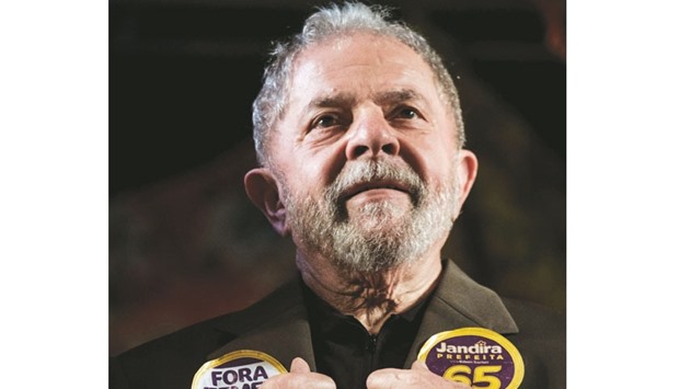 Former president Luiz Inacio Lula da Silva speaks at a rally for Rio de Janeiro mayoral candidate Jandira Feghali (not pictured) from Communist Party of Brazil (PCdoB) in Rio de Janeiro.