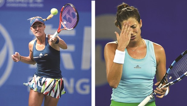 Angelique Kerber of Germany in action against Kristina Mladenovic of France in Wuhan yesterday.   (Right), Garbine Muguruza of Spain reacts during her second round match against Jelena Jankovic.