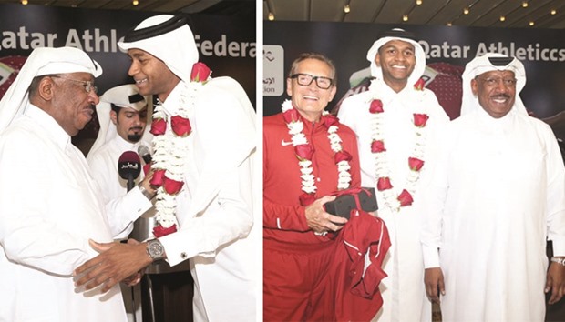 Qatar Athletics Federation president Dahlan al-Hamad felicitates Mutaz Barshim at a banquet organised by QAF in Doha.    Al-Hamad (far right) with Barshim and the latteru2019s coach Stanis?aw Szczyrba.