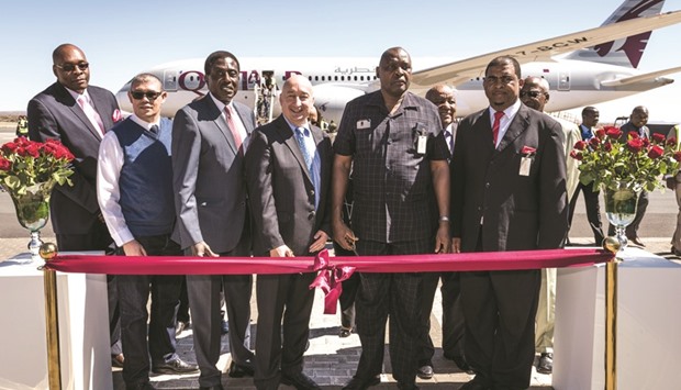 The Qatar Airways senior management team with dignitaries and ambassadors following the launch of the airlineu2019s inaugural flight to Namibia.