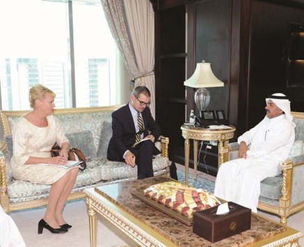 HE the Secretary-General of the Foreign Ministry Dr Ahmed bin Hassan al-Hammadi hosts Swedish emissary Jon Astrom Grondahl at his office in Doha yesterday.