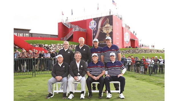 Past captains Tony Jacklin, Paul McGinley, Colin Montgomerie and Ian Woosnam of Europe pose with Ben Crenshaw, Dave Stockton, Hal Sutton and Lanny Wadkins of the United States during the 2016 Ryder Cup Captains Matches at Hazeltine National Golf Club yesterday.